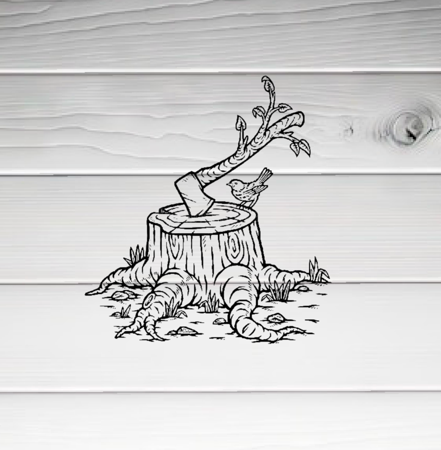 Tree Stump with Axe & Bird Vinyl Decal – Rustic Nature-Inspired Sticker for Cars, Laptops & More