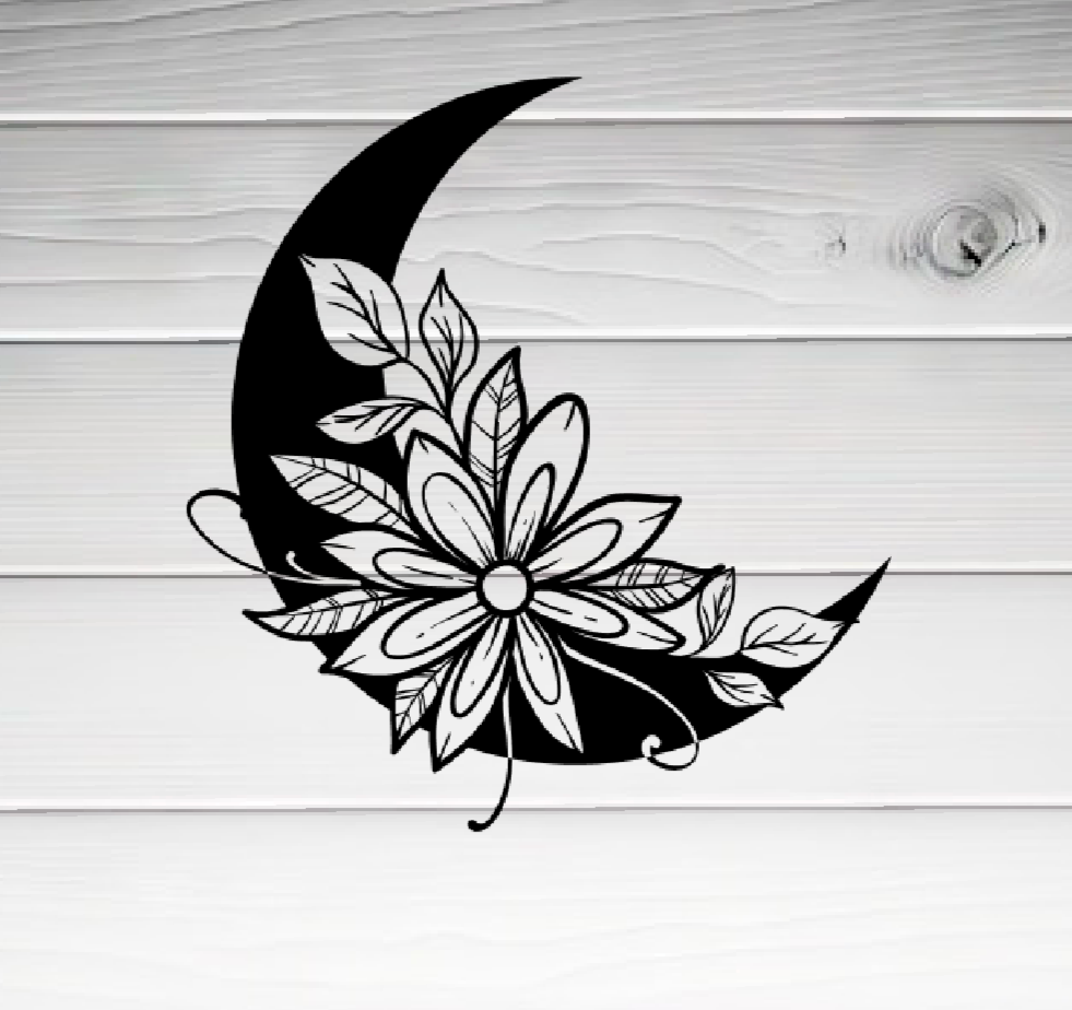 D16 Floral Moon Vinyl Decal – Elegant Crescent Moon with Flowers for Cars, Laptops & More